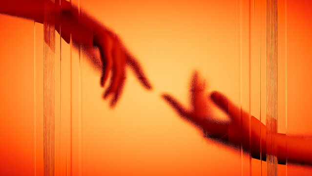 Hands touch behind frosted glass in warm light