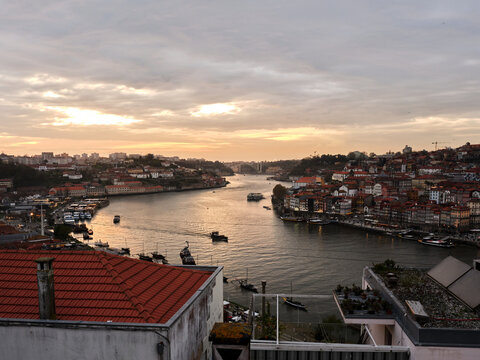 Porto cityscape view Douro river at sunset