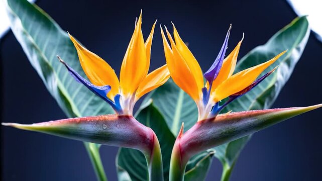 Two vibrant Bird of Paradise flowers with orange and blue petals blooming against a dark background with green leaves