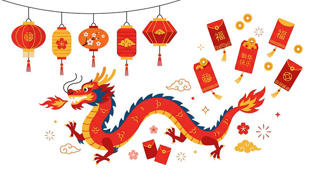 Dragon illustration accompanies red lanterns and lucky envelopes to celebrate the traditional Lunar New Year festival.