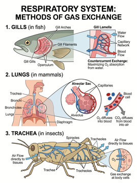 Respiratory system diagram showing methods of gas exchange in fish gills mammal lungs and insect trachea