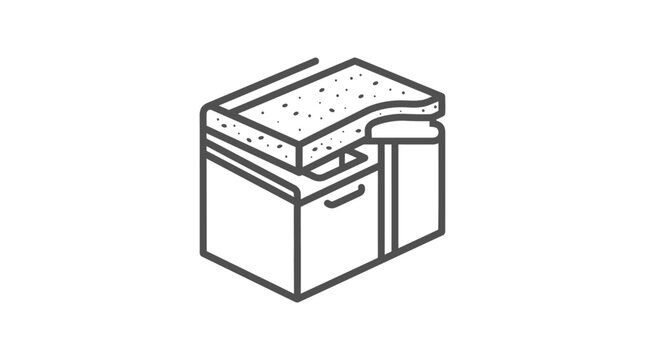 Cutaway line icon of a kitchen cabinet and countertop.