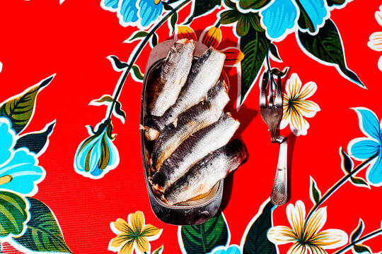 a small metal tray holds layered sardines in oil