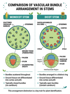 Educational infographic comparing vascular bundle arrangement in monocot and dicot stems for botanical science study purposes