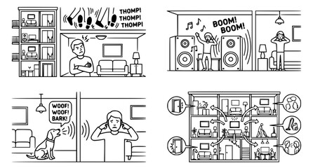 Fototapeta premium Noise problems in rental properties vector illustration set with loud apartment living neighbors and condominium thin wall sound issues 