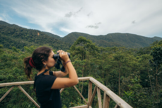 Young woman bird watching in nature