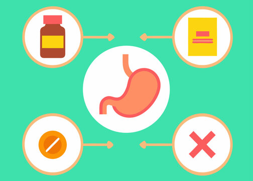 A central human stomach connects via arrows to four circular icons containing medicine bottles, pills, and symbols on a green backdrop.
