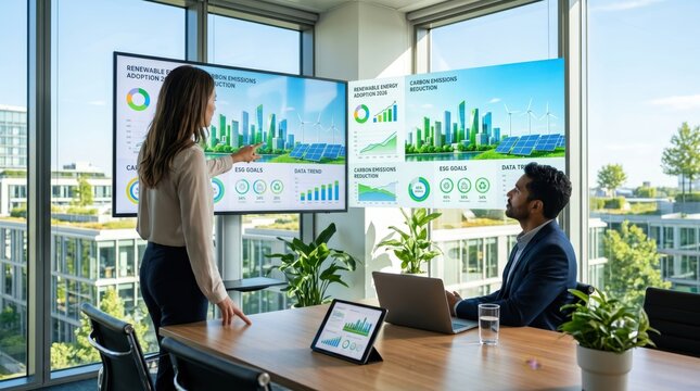 Business presentation on renewable energy adoption and carbon emissions reduction ESG goals