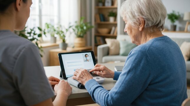 Elderly woman measuring blood pressure with digital device assisted by caregiver while having video consultation with doctor on tablet