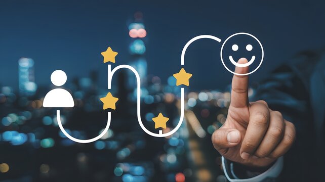 Customer journey mapping with stars and happy face icon, representing positive feedback and customer satisfaction on a city background