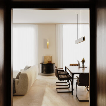 Elegant living room seen through a doorway with wood panel walls