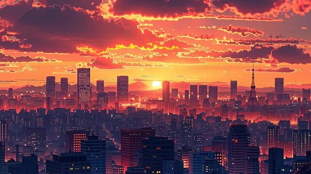 高台から見た都会の夕日