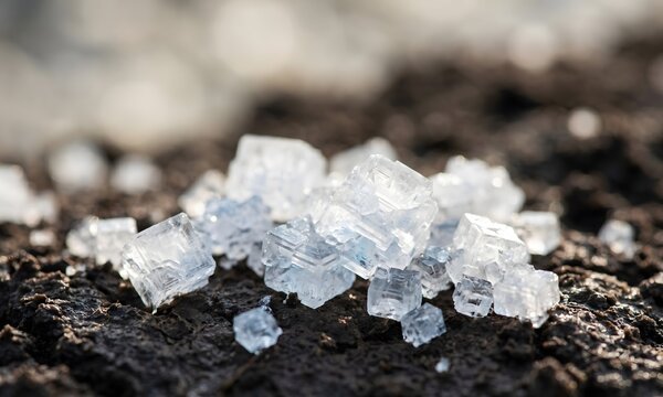 Extreme close-up macro photograph of sea salt crystals forming on dark clay soil surface of traditional salt farm, natural light creating translucent glistening effect.
