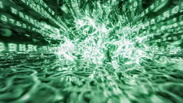 Abstract digital circuit board with green glowing binary code
