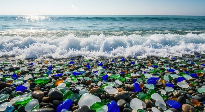 Crystal clear turquoise waves wash over a pristine coastline filled with multi-colored sea glass and smooth pebbles under a bright sun, water, background, emerald