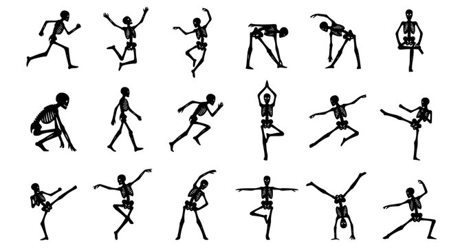 Collection of 15 skeleton silhouettes in various yoga poses and dance movements on white background