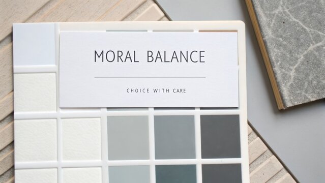 Color palette display showcasing shades of gray and blue with a minimalist aesthetic for interior design, featuring a label for moral balance concept