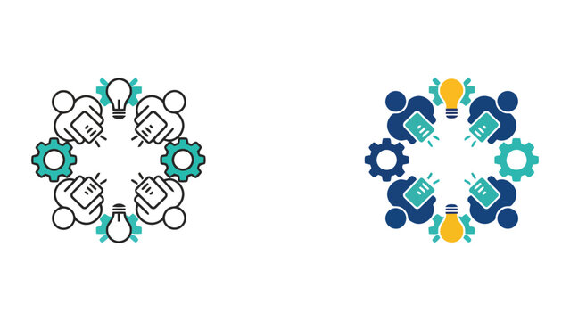 Collaborative group working around circular table with lightbulbs and gear icons representing team innovation and project task management in professional workspace vector illustration