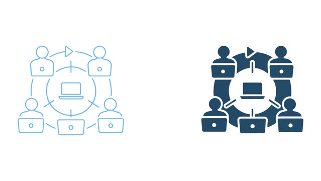 People working together on laptops in a network collaboration with a central computer forming a square connection diagram