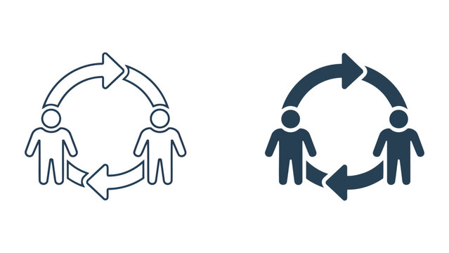 Two people in a circular arrow loop representing collaboration exchange or continuous interaction vector illustration