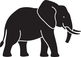 Fototapeta premium Detailed black silhouette of a large african elephant walking with visible tusks and trunk isolated on white background representing wild animal life and safari adventure elephant wildlife