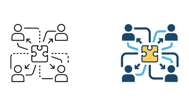 Business problem solving and team integration icon set with puzzle piece and interconnected people for strategic collaboration and creative solution finding in modern corporate vector graphics