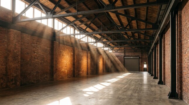 Converted industrial warehouse interior with exposed brick walls, steel roof trusses and dramatic light shafts from clerestory windows, empty open plan creative space