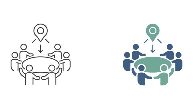 Corporate team meeting and location pin icon set representing place of business and collaborative workspace strategy vector graphic design on isolated white background