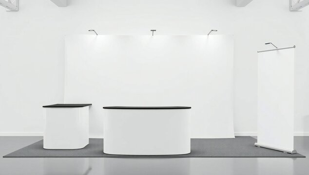 Modern exhibition setup with white counters