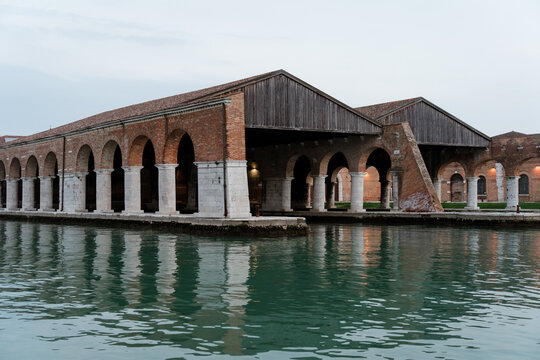 Historic Arched Dock Structures Without Boats at Venice Arsenale