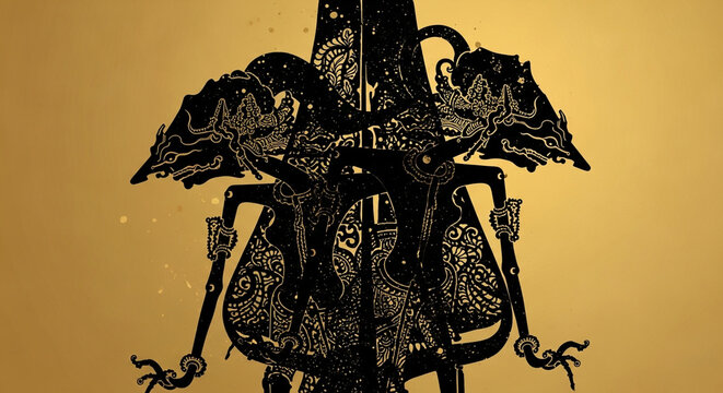 Traditional Shadow Puppet Silhouette Art, Wayang Style Ornamental Design on Gold Background, Ethnic Cultural Pattern