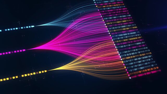 Abstract big data visualization with colorful data streams, binary code, analytics, machine learning, data processing, and digital network technology background.