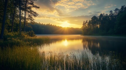 Obraz premium Golden sunrise over serene lake surrounded by forest, grass in foreground