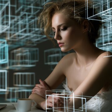 Captivating woman sitting at a high tech desk with a minimalist coffee glass surrounded by clean abstract architectural light grids creating perspective.