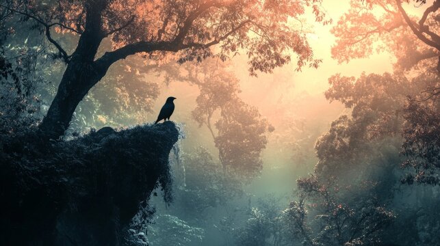 Misty forest with a solitary crow
