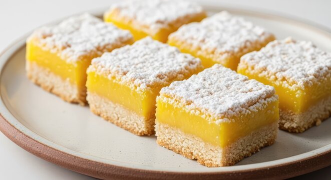 Square lemon bars with a vibrant yellow citrus curd and shortbread crust, topped with powdered sugar and served on a simple ceramic plate, tangy, traditional, treat