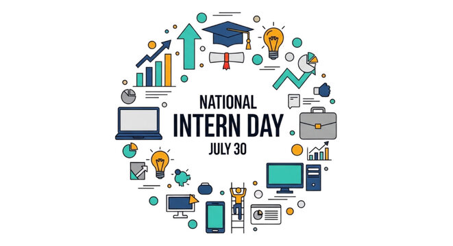 Dynamic illustration honoring intern contributions to business, technology, and future career advancement