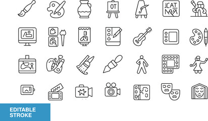Fototapeta premium Arts and Creative Hobbies Line Icons Set With Painting, Sculpture, Music, Photography, and Theater Concepts