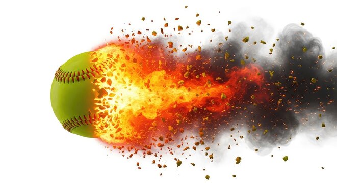 Vibrant yellow softball disintegrates into a massive blast of fire and swirling smoke with glowing embers and fragments flying everywhere, sparks, glow, impact