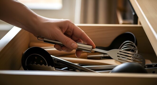Person grasping kitchen utensil from drawer, culinary lifestyle