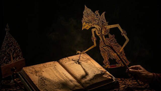 Hand playing wayang kulit over ancient javanese book