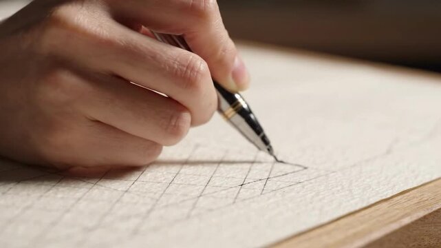 Close-up of hand holding a metallic pen drawing on textured paper