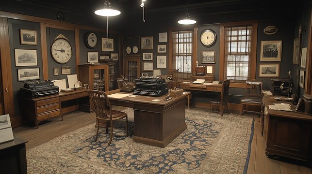 Vintage office with antique typewriters and wooden furniture creating a historical atmosphere
