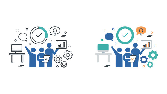 Professional team achieving project success through efficient collaboration data analysis and innovative idea generation flat vector illustration