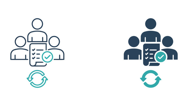 Team task verification and project status update icons featuring people with checklists and checkmarks in professional blue and dark gray vector graphic style for business management