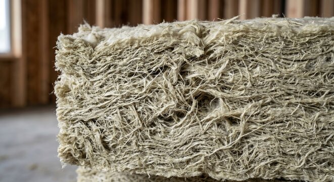 Close up of mineral wool batt insulation in a construction setting with wooden framing