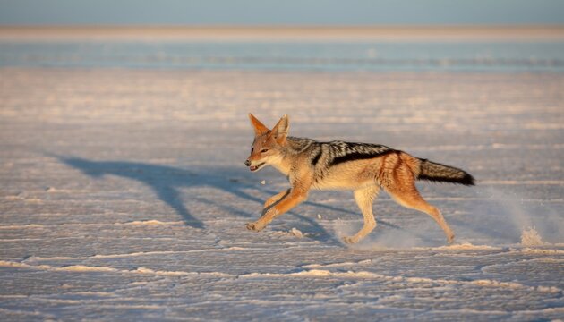 Coyote Running Across the Snowy Landscape Under Blue Sky in a Tranquil Wilderness Setting