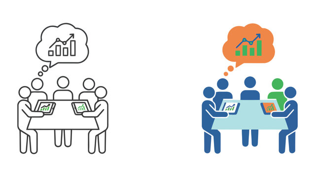 Professional team meeting around table with digital tablets and brain storming cloud icon for collaborative business discussions and modern office technology solutions in flat and outline style