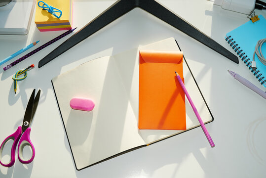 Bright workspace with colorful tools for writing