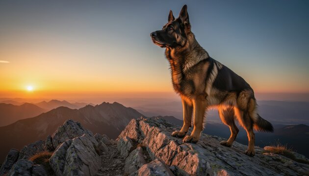 German Shepherd on Mountain Ridge at Sunset with Majestic Landscape in Background, Perfect for Nature and Pet Themes